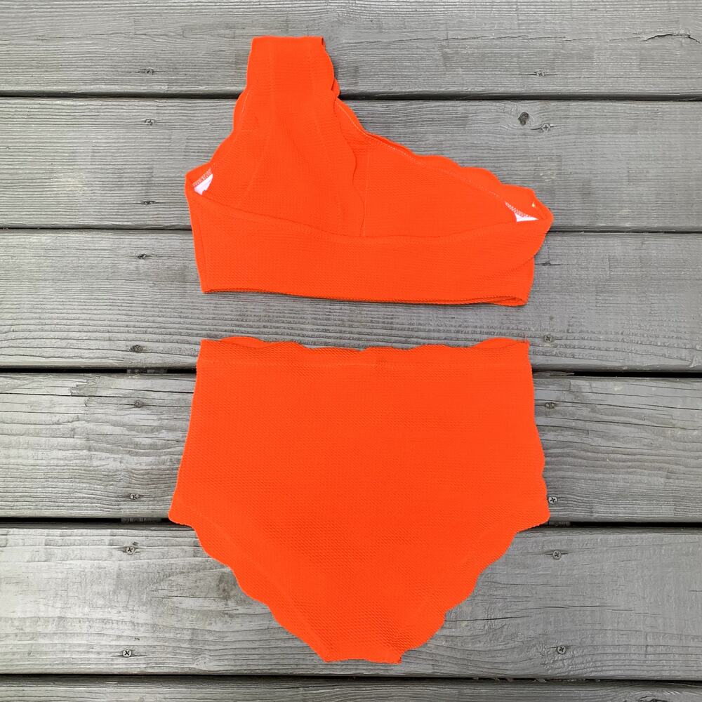 Zaful High Waisted Scalloped One Shoulder Bikini Set - Bright Orange Size 2 - Picture 3 of 11